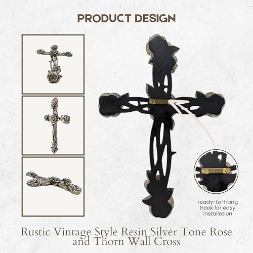 AMAJY Rustic Vintage Style Resin Silver Tone Rose and Thorn Cross Spiritual Wall Art Decor - Image 3
