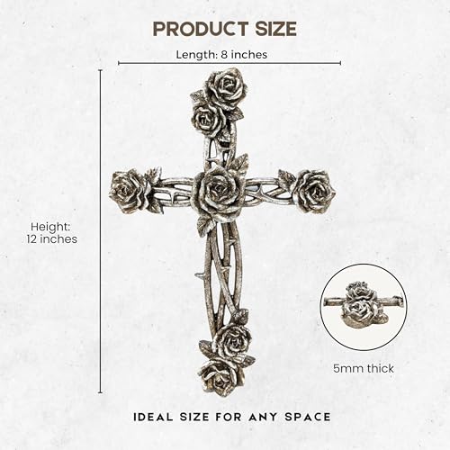 AMAJY Rustic Vintage Style Resin Silver Tone Rose and Thorn Cross Spiritual Wall Art Decor - Image 2