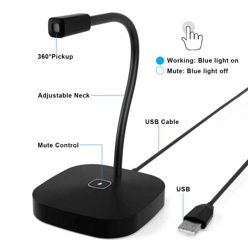 Desktop Computer Microphone USB Wired Microphone 360 Degrees Omnidirectional Condenser Mic Adjustable Neck with Mute Touch-Button Plug & Play for Computer PC Laptop Office Meeting Recording Games - Image 4