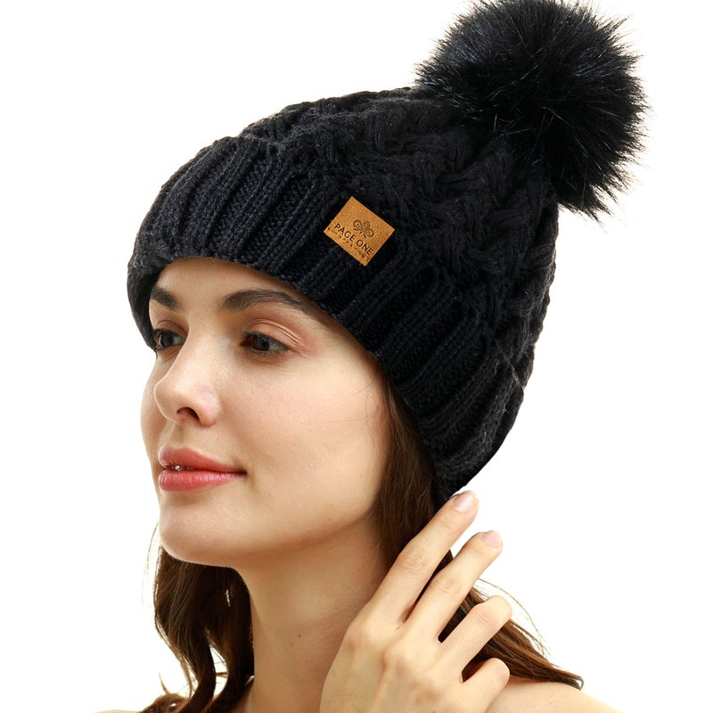 PAGE ONE Womens Winter Ribbed Beanie Crossed Cap Chunky Cable Knit Pompom Soft Warm Hat Black - Image 2