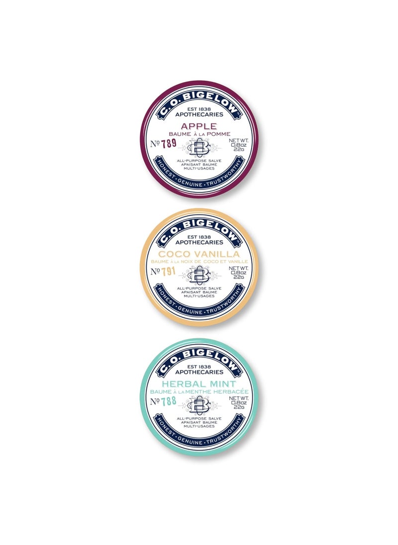 C. O. Bigelow CO Bigelow All Purpose Salves Variety Pack of 3 Lip Balm Tins for Chapped Lips  Dry Skin Coco Vanilla Apple Herbal Mint Moisturizing Lip and Skin Salves 08 oz each 