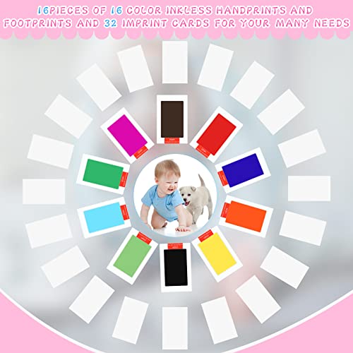 Teling 48 Pcs Inkless Baby Footprint Kit Includes 16 Pcs Colorful Ink Pad and 32 Imprint Card for Baby Hand and Footprints, Handprint Dog Paw Print Kit for Newborn Registry Gifts Family Printing Mom Girl - Image 3