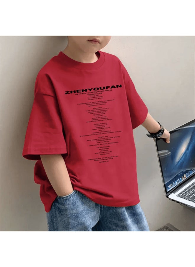Children's Western Style Short-sleeved T-shirt Base Shirt Summer New Korean Style Boy's Pure Cotton Red Half-sleeved All-match Middle And Big Kids