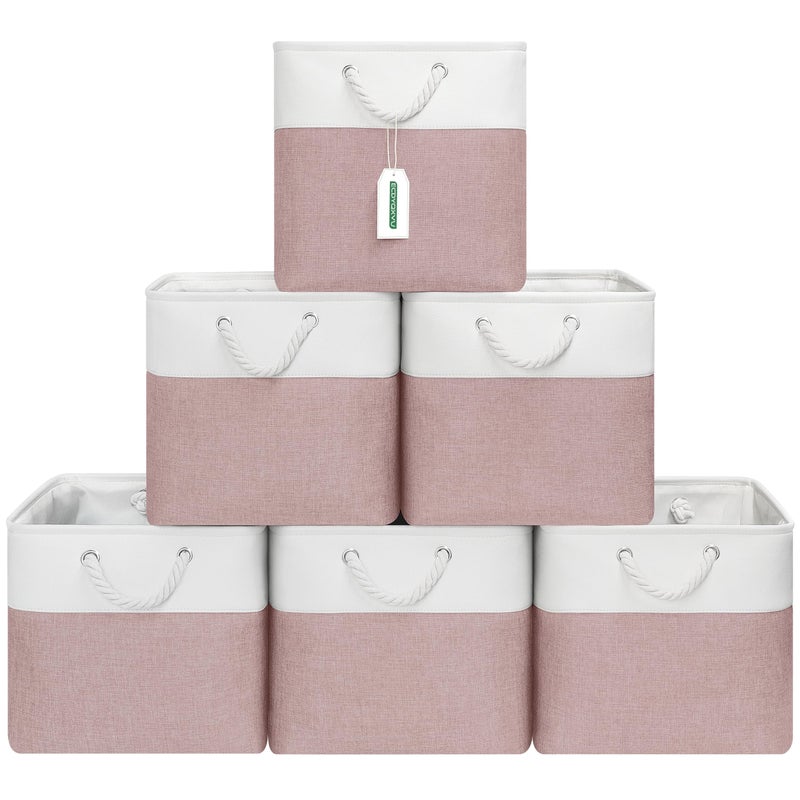 ECDYQXVU 13x13 Inch Cube Storage Bins with Reinforced Bottom Cardboard 6 Pack Large Collapsible Fabric Storage Cubes with Handles for Shelf Closet Toy Laundry Organization WhitePink