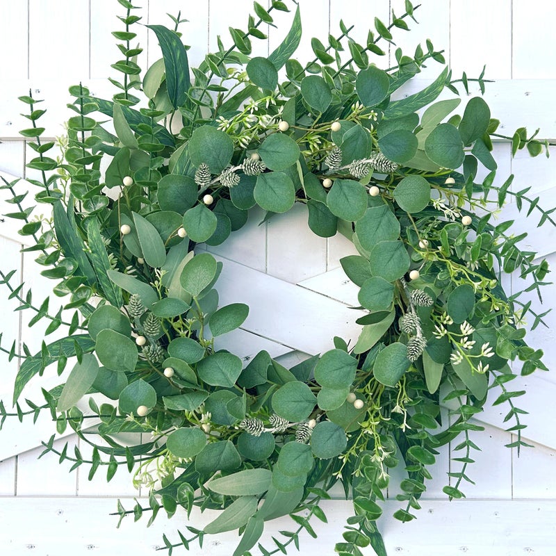 MAINGKAUNG Spring Wreath 22 Inch Spring Summer Wreaths with Eucalyptus Leaves and Berries Seasons Green Eucalyptus Wreath for Farmhouse Porch Front Door Wall Decor and Year Round Use - Image 1