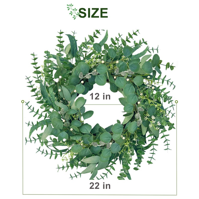 MAINGKAUNG Spring Wreath 22 Inch Spring Summer Wreaths with Eucalyptus Leaves and Berries Seasons Green Eucalyptus Wreath for Farmhouse Porch Front Door Wall Decor and Year Round Use - Image 4
