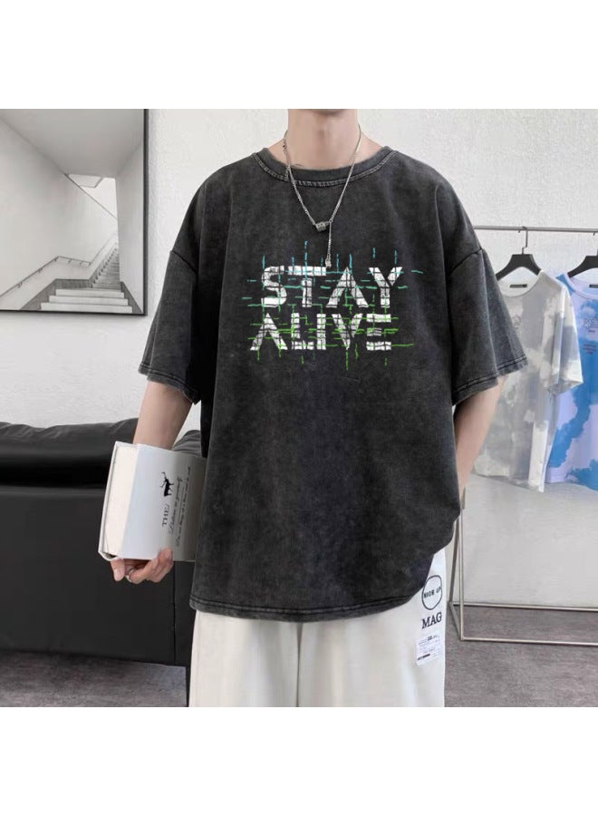 Oversized And Relaxed Fit, Up To 30 Jin, Distressed Washed Cotton Printed Big Size T-shirt For Men, Summer Loose Short Sleeve T-shirt