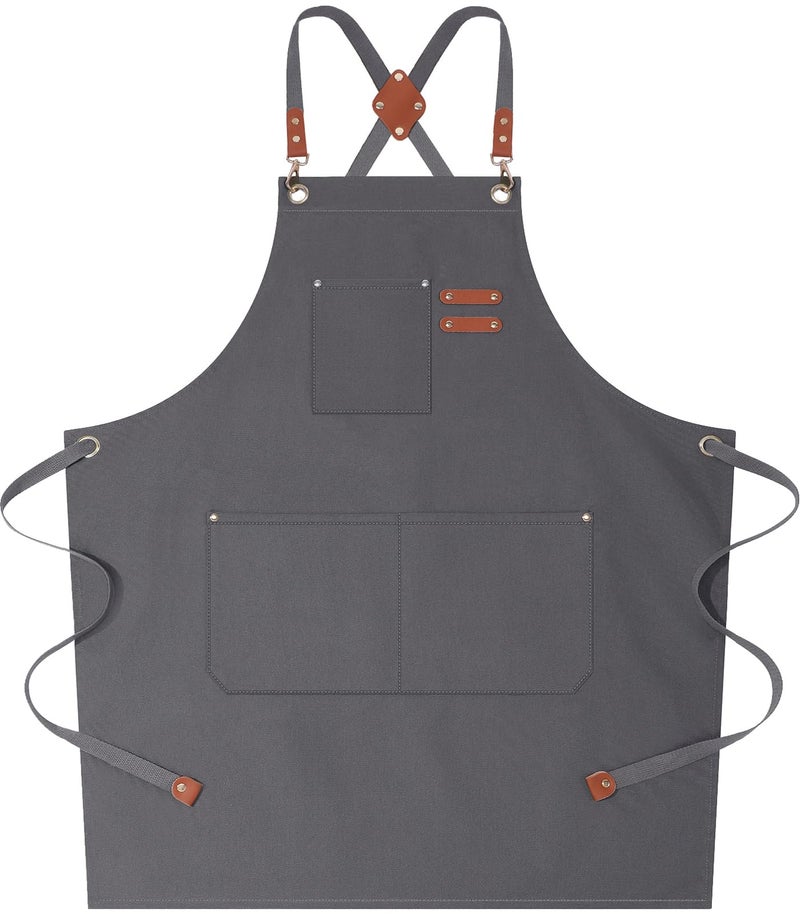 AFUN Chef Aprons for Women Men with Large Pockets Cotton Canvas Cross Back Water Repellent Work Apron Size M to XXL Grey