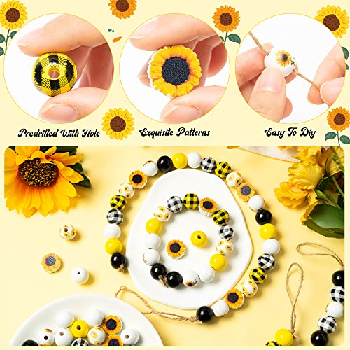JAPBOR 120PCS Sunflower Wood Beads for Crafts, Spring Summer DIY Wooden Bead Garland Kit, Yellow White Black Sunflowers Spacer Round Beads Decorative with Rope, Home Party Decor Hanging Decoration - Image 3
