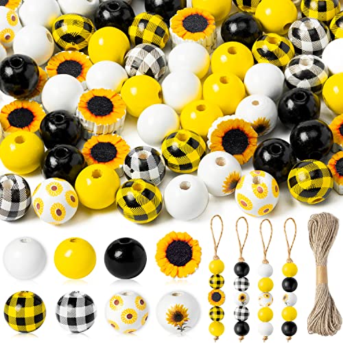 JAPBOR 120PCS Sunflower Wood Beads for Crafts, Spring Summer DIY Wooden Bead Garland Kit, Yellow White Black Sunflowers Spacer Round Beads Decorative with Rope, Home Party Decor Hanging Decoration - Image 1