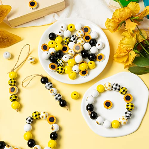 JAPBOR 120PCS Sunflower Wood Beads for Crafts, Spring Summer DIY Wooden Bead Garland Kit, Yellow White Black Sunflowers Spacer Round Beads Decorative with Rope, Home Party Decor Hanging Decoration - Image 5