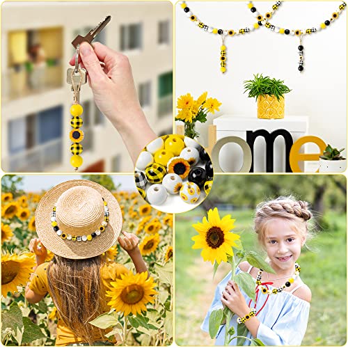 JAPBOR 120PCS Sunflower Wood Beads for Crafts, Spring Summer DIY Wooden Bead Garland Kit, Yellow White Black Sunflowers Spacer Round Beads Decorative with Rope, Home Party Decor Hanging Decoration - Image 4