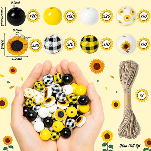JAPBOR 120PCS Sunflower Wood Beads for Crafts, Spring Summer DIY Wooden Bead Garland Kit, Yellow White Black Sunflowers Spacer Round Beads Decorative with Rope, Home Party Decor Hanging Decoration - Image 2