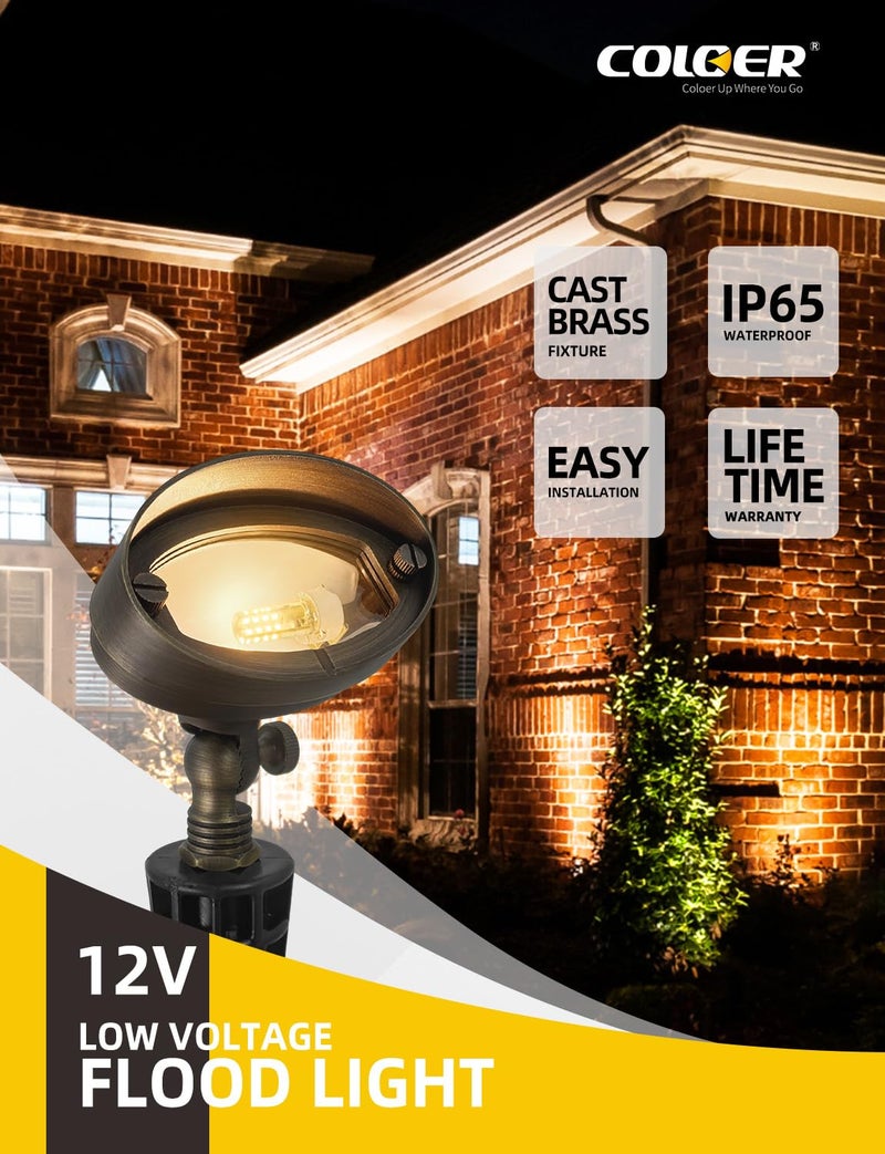 COLOER Die-cast Brass LED Landscape Flood Lights Outdoor, 3W 9-17 Volt Low Voltage Wall Wash Lighting, Outdoor Floodlight for Illuminating Signs, Walls and Plant Material(501B,1-Pack with G4 Bulb) - Image 2