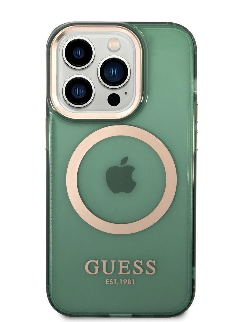 GUESS iPhone 14 Pro Max Case MagSafe Back Cover with Translucent Gold Outline / Lifted Ring Case / Slim Profile / Easy Snap-On / Drop & Bumper Protection - Kaki - Image 1