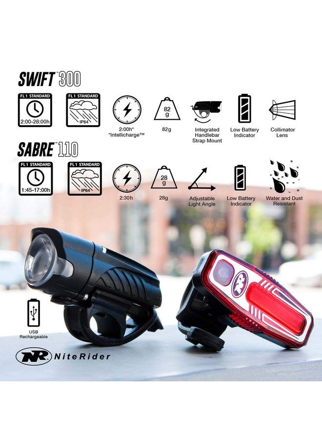 NiteRider مجموعة مصابيح الدراجة الأمامية Swift 300 ومصباح الدراجة الخلفية Sabre 110 قابلة لإعادة الشحن عبر USB سهلة التركيب مقاومة للماء لسلامة ركوب الدراجات في الطرق - Image 3