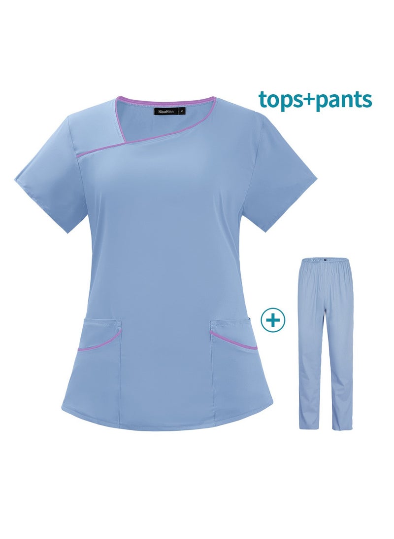 Loquat Womens Medical Uniform Scrubs 2 Piece Set Top and Elastic Waist Pants Suit Sky Blue - Image 2