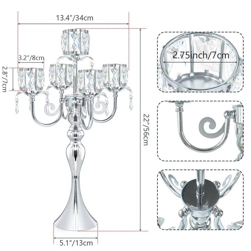 Kehail Silver 5 Arm Pendant Square Crystal Candle Holder, 22 Inches Table Decor Classic and Elegant Table Centerpiece Atmosphere Candlestick for Gift Wedding Party Home Decor - Image 3