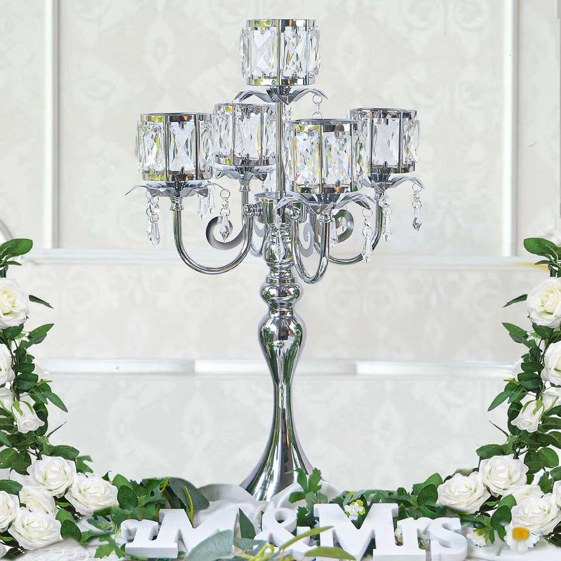 Kehail Silver 5 Arm Pendant Square Crystal Candle Holder, 22 Inches Table Decor Classic and Elegant Table Centerpiece Atmosphere Candlestick for Gift Wedding Party Home Decor - Image 1