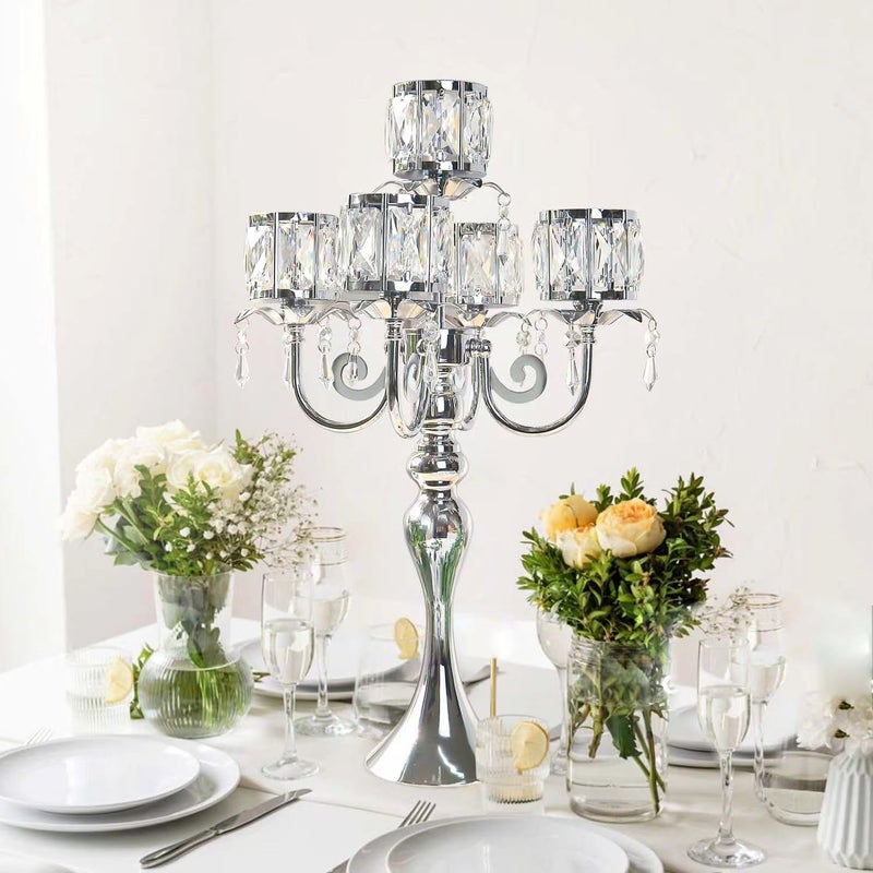 Kehail Silver 5 Arm Pendant Square Crystal Candle Holder, 22 Inches Table Decor Classic and Elegant Table Centerpiece Atmosphere Candlestick for Gift Wedding Party Home Decor - Image 2
