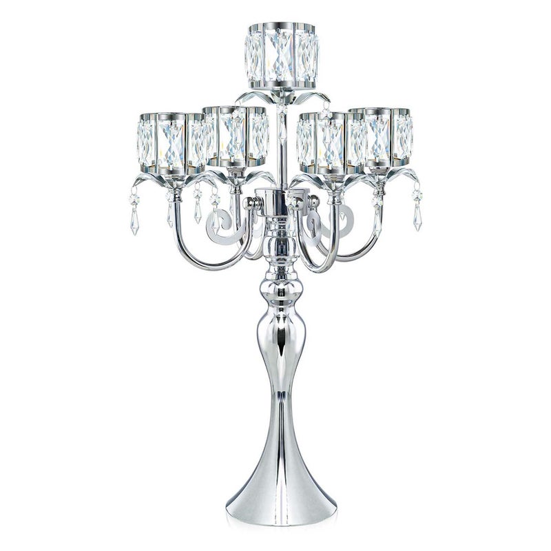 Kehail Silver 5 Arm Pendant Square Crystal Candle Holder, 22 Inches Table Decor Classic and Elegant Table Centerpiece Atmosphere Candlestick for Gift Wedding Party Home Decor - Image 5