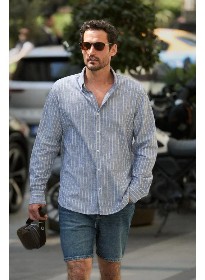 GRIMELANGE LASSE Men's Shirt with Collar and Cuff Long Sleeve Regular Fit Blue Striped Shirt.