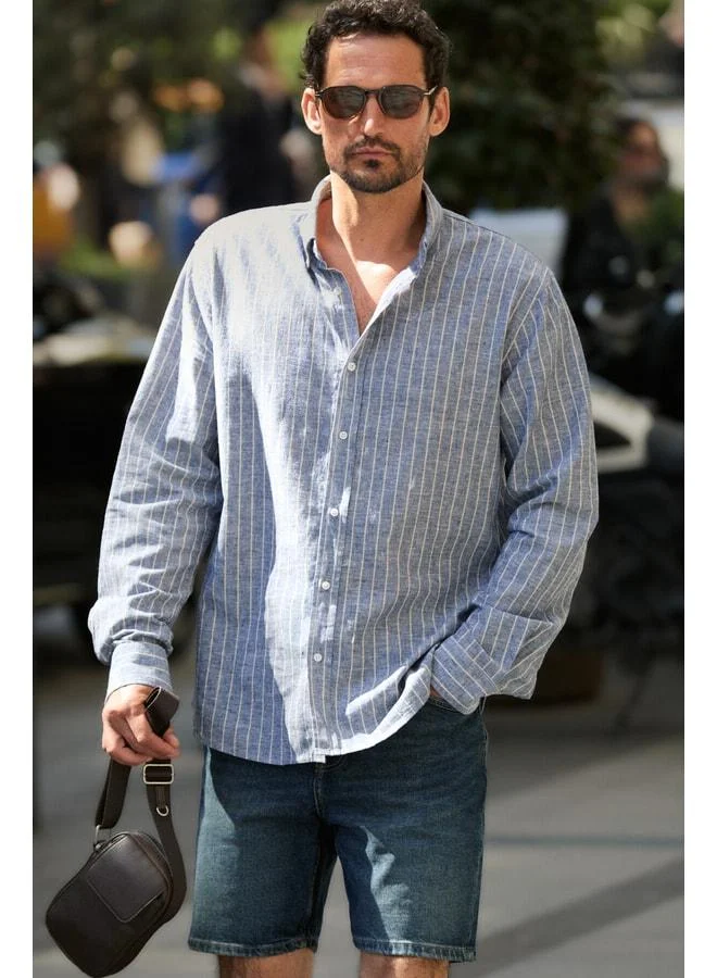 GRIMELANGE LASSE Men's Shirt with Collar and Cuff Long Sleeve Regular Fit Blue Striped Shirt.