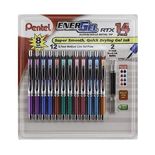 Pentel EnerGel RTX Retractable Metal Tip Pen, 0.7mm, 12 Assorted Colors with 2 Refills (BL77F14C) - Image 1