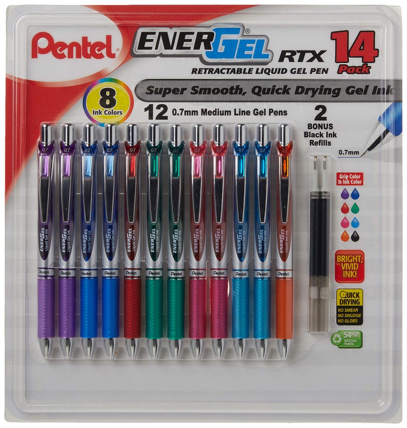 Pentel EnerGel RTX Retractable Metal Tip Pen, 0.7mm, 12 Assorted Colors with 2 Refills (BL77F14C) - Image 2