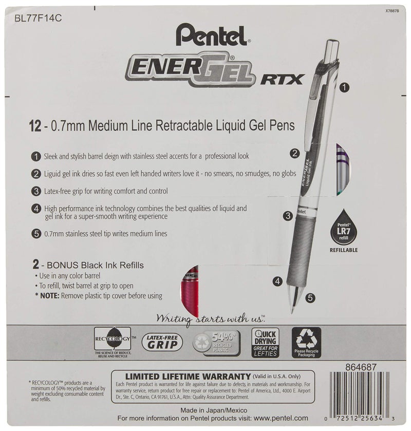 Pentel EnerGel RTX Retractable Metal Tip Pen, 0.7mm, 12 Assorted Colors with 2 Refills (BL77F14C) - Image 3