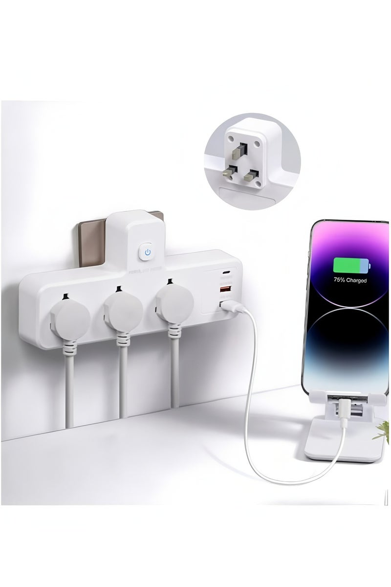 Flyview Power Extension Socket Power adapter, 5-in-1 Extension Plug 3 Outlet Multi Plug Adapter Surge Protector Plug With 20W USB-C PD Quick Charge Port, 2 USB-A QC3.0, 3 Universal Outlets, With Light - Image 1