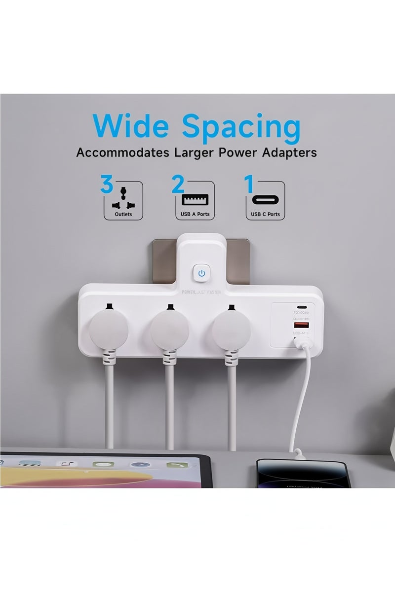 Flyview Power Extension Socket Power adapter, 5-in-1 Extension Plug 3 Outlet Multi Plug Adapter Surge Protector Plug With 20W USB-C PD Quick Charge Port, 2 USB-A QC3.0, 3 Universal Outlets, With Light - Image 2