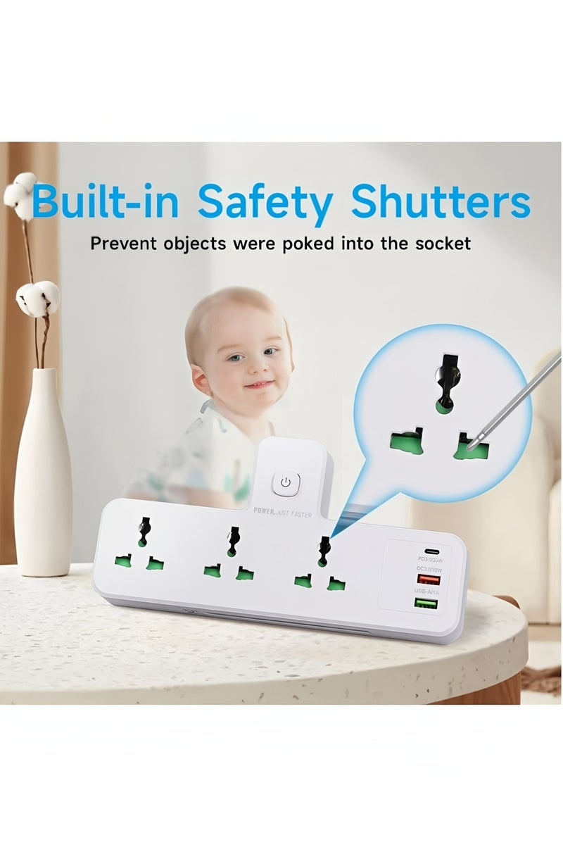 Flyview Power Extension Socket Power adapter, 5-in-1 Extension Plug 3 Outlet Multi Plug Adapter Surge Protector Plug With 20W USB-C PD Quick Charge Port, 2 USB-A QC3.0, 3 Universal Outlets, With Light - Image 3