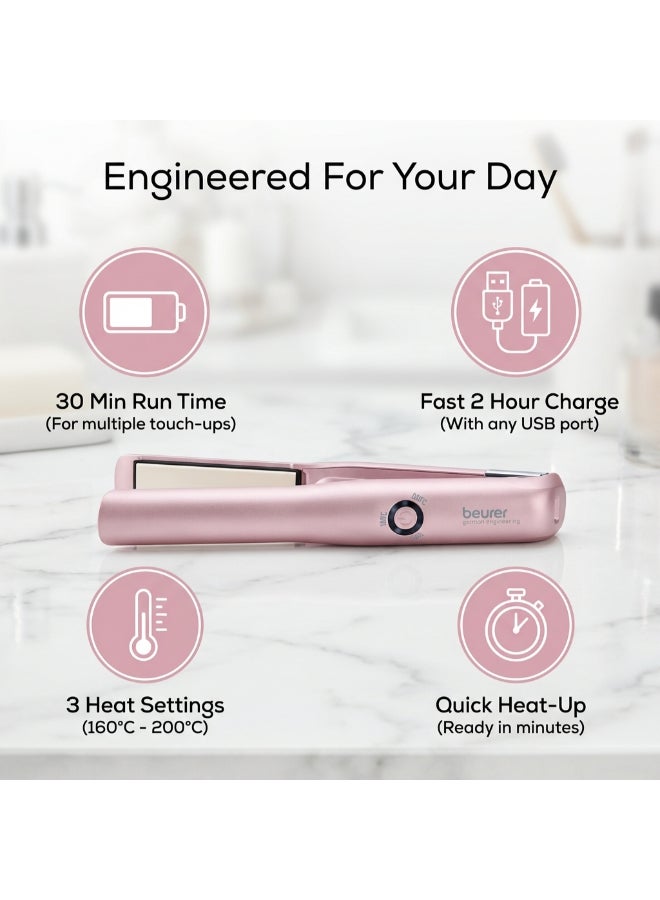 Beurer مستقيم الشعر اللاسلكي القابل لإعادة الشحن HS20، كابل شحن USB، 3 إعدادات حرارة سريعة، غطاء مقاوم للحرارة، مثالي للسفر - Image 4
