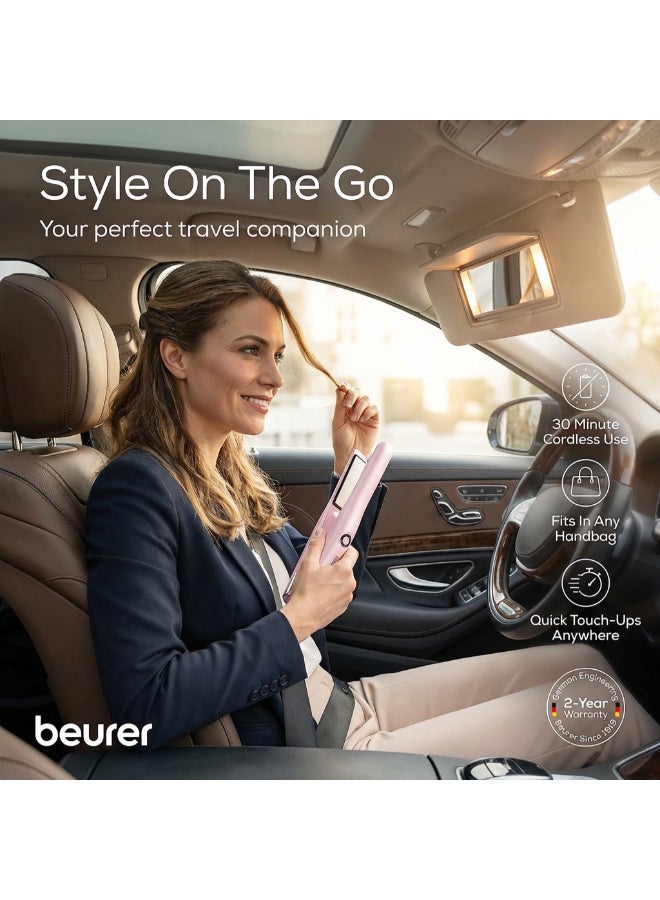 Beurer مستقيم الشعر اللاسلكي القابل لإعادة الشحن HS20، كابل شحن USB، 3 إعدادات حرارة سريعة، غطاء مقاوم للحرارة، مثالي للسفر - Image 2
