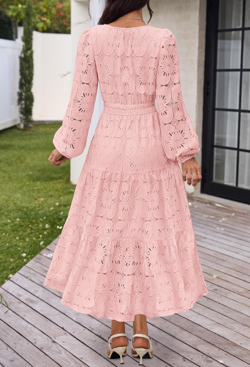 MEROKEETY Women's Fall Long Sleeve Floral Maxi Dress Lace Eyelet Hollow Out Tiered Boho Wedding Guest Dresses Pockets, Pink, X-Large - Image 4