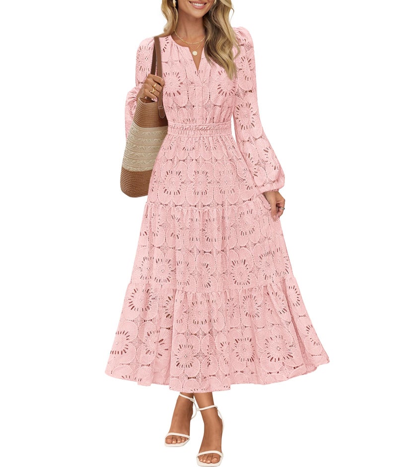 MEROKEETY Women's Fall Long Sleeve Floral Maxi Dress Lace Eyelet Hollow Out Tiered Boho Wedding Guest Dresses Pockets, Pink, X-Large - Image 1