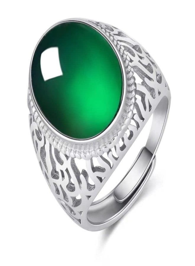 HAIXIAN Hollow out design Mens S925 Sterling Silver Ring with Natural Oval Agate Stone,Adjustable Handmade Mens Turkish Ring Jewelry, Adjustable, Silver, Obsidian - Image 1