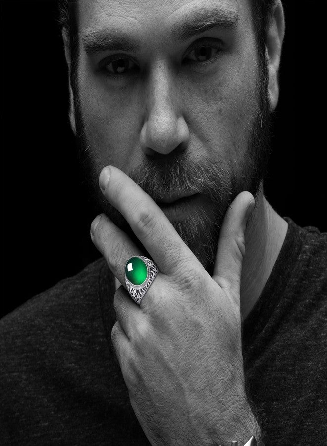 HAIXIAN Hollow out design Mens S925 Sterling Silver Ring with Natural Oval Agate Stone,Adjustable Handmade Mens Turkish Ring Jewelry, Adjustable, Silver, Obsidian - Image 2