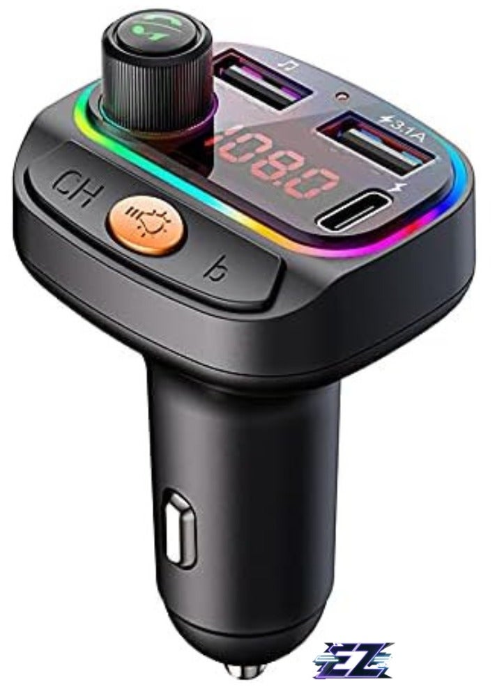ELTRAZONE Car Bluetooth Device [Upgraded BT v5.3] with Call Receiver, FM Transmitter for Music System & Dual USB + Type C Charger; 7 Colour LED Lights; 6 EQ Presets; USB MP3 Support; Voice Assistant  - Image 1