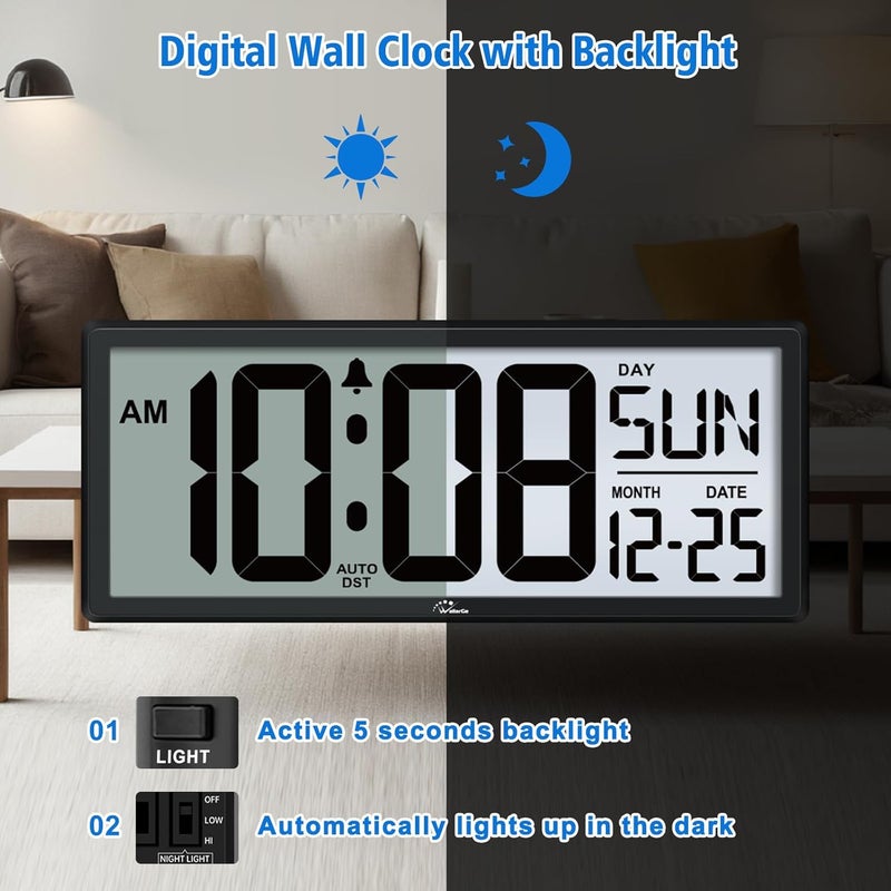 WallarGe Backlight Digital Wall Clock Battery Operated - with Temperature and Date 14.5'' Large Digital Wall Clock, Easy to Read and Set, Auto DST - Image 2
