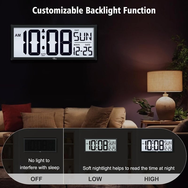 WallarGe Backlight Digital Wall Clock Battery Operated - with Temperature and Date 14.5'' Large Digital Wall Clock, Easy to Read and Set, Auto DST - Image 3
