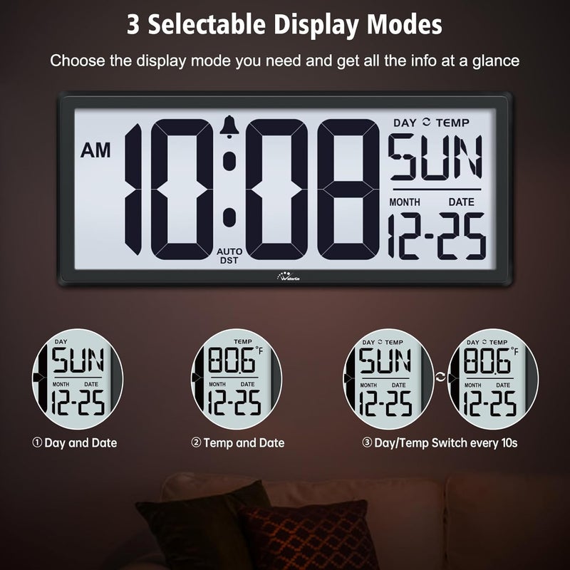 WallarGe Backlight Digital Wall Clock Battery Operated - with Temperature and Date 14.5'' Large Digital Wall Clock, Easy to Read and Set, Auto DST - Image 4
