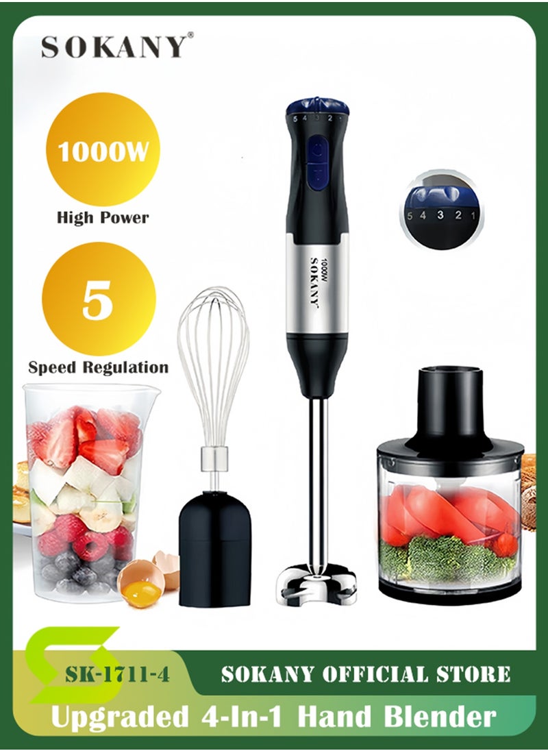 sokany 1000W 4-in-1 Hand Blender, Stainless Steel Wand, Multifunction Stainless Steel Handheld Electric Blender Variable Speed Control, Turbo Function, Removable Wand, SK-1711-4 (Black)  - Image 1