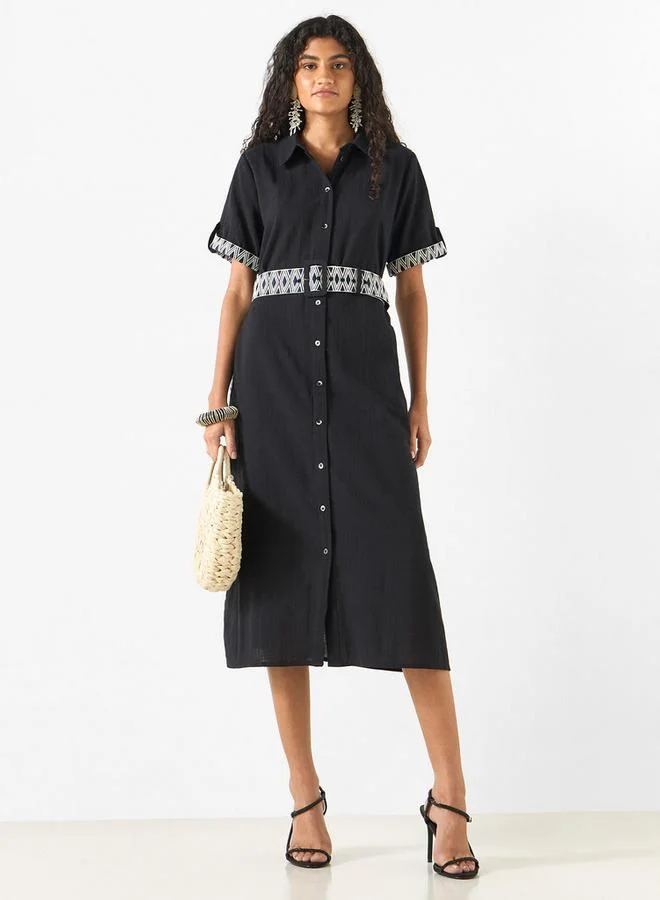 2Xtremz 2Xtremz Embroidered Midi Shirt Dress with Collar and Adjustable Belt