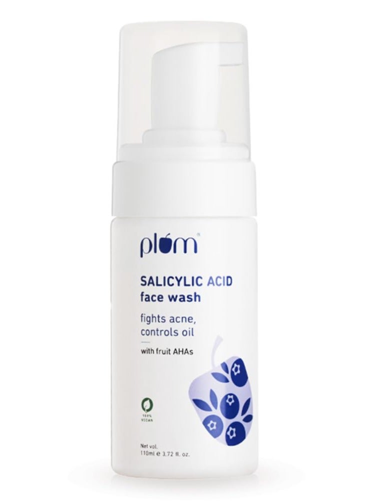 Plum 1% Encapsulated Salicylic Acid Foaming Face Wash | Fights Active Acne, Blackheads & Breakouts | with Glycolic Acid & Fruit AHAs | All Skin Types | Creamy Face Cleanser for Women & Men | 110ml