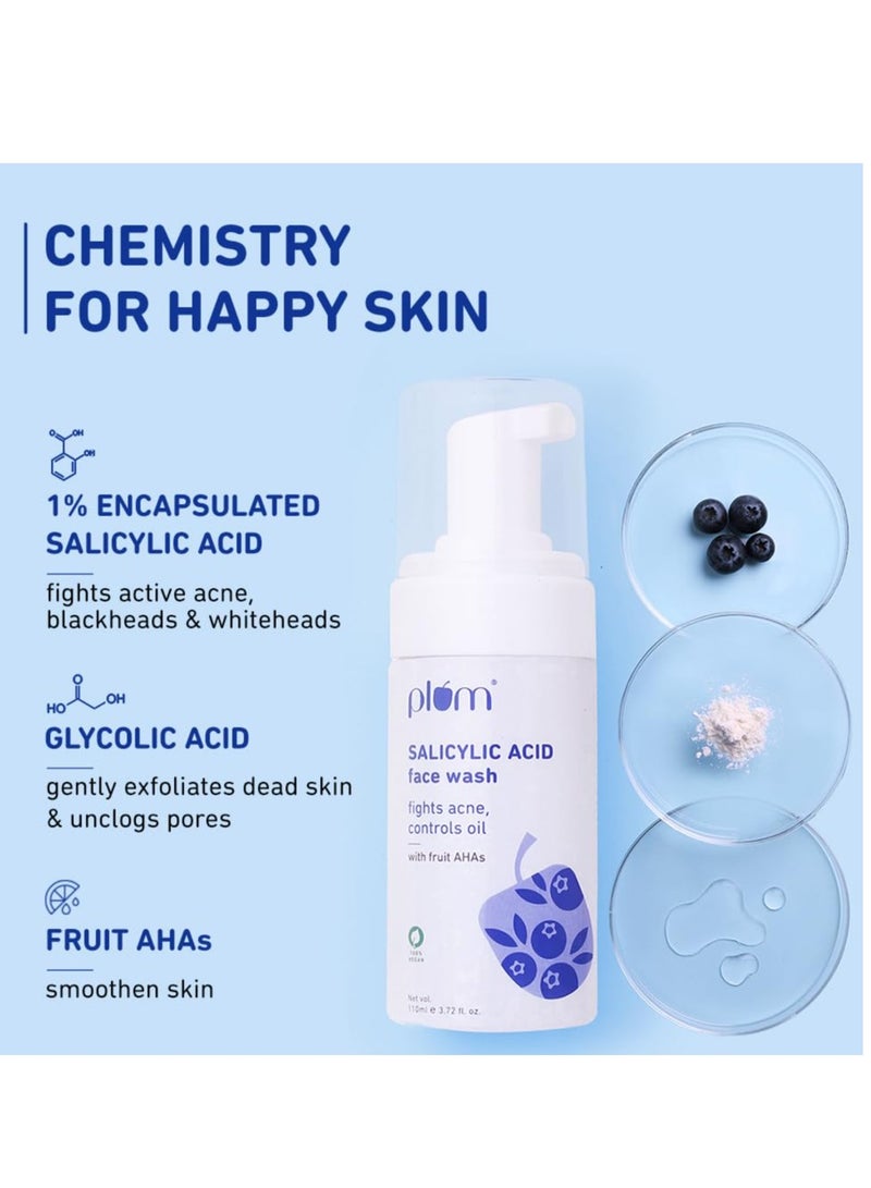 Plum 1% Encapsulated Salicylic Acid Foaming Face Wash | Fights Active Acne, Blackheads & Breakouts | with Glycolic Acid & Fruit AHAs | All Skin Types | Creamy Face Cleanser for Women & Men | 110ml - Image 2
