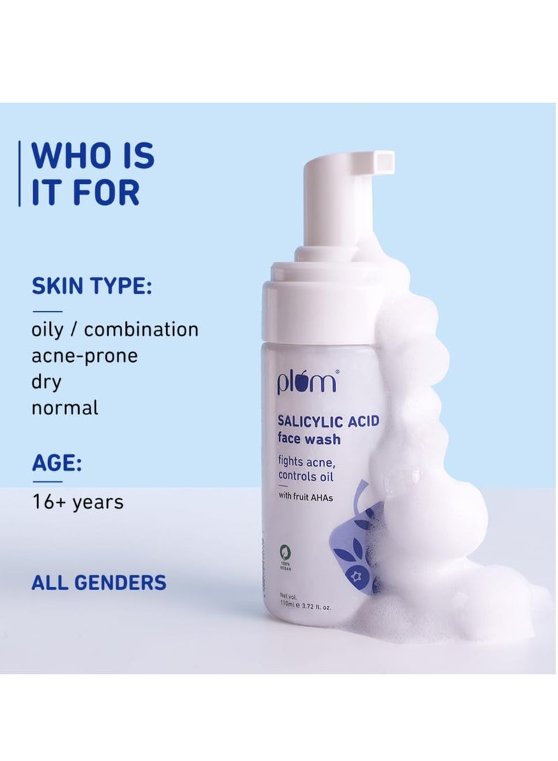 Plum 1% Encapsulated Salicylic Acid Foaming Face Wash | Fights Active Acne, Blackheads & Breakouts | with Glycolic Acid & Fruit AHAs | All Skin Types | Creamy Face Cleanser for Women & Men | 110ml - Image 4