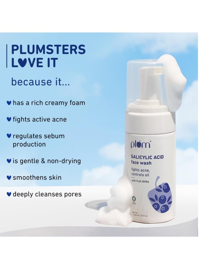 Plum 1% Encapsulated Salicylic Acid Foaming Face Wash | Fights Active Acne, Blackheads & Breakouts | with Glycolic Acid & Fruit AHAs | All Skin Types | Creamy Face Cleanser for Women & Men | 110ml - Image 3