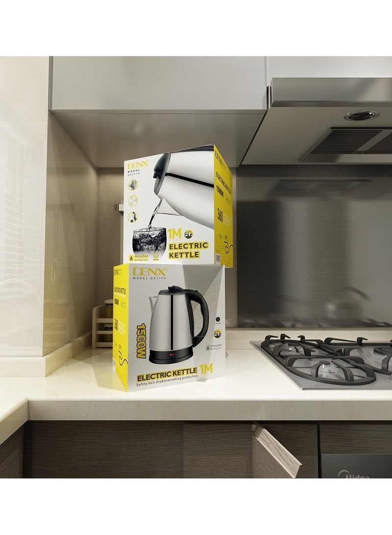 دينكس غلاية كهربائية 1500 واط، سعة 1.8 لتر، سريعة الغليان، قاعدة دوارة 360 درجة، مثالية لغلي الماء والشاي، حماية من الحرارة الزائدة والغليان الجاف، للاستخدام المنزلي والمكتبي، DX1774 - Image 1